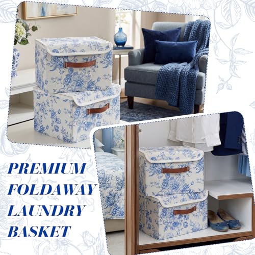 2 Pack Blue Floral Storage Bin with Lids Handles Large Blue and White Porcelain Storage Boxes 10x8x7 Inch Foldable Fabric Basket Decorative Cube Organizer for Clothes Nursery Home Dorm - size: 10x8x7 Inch