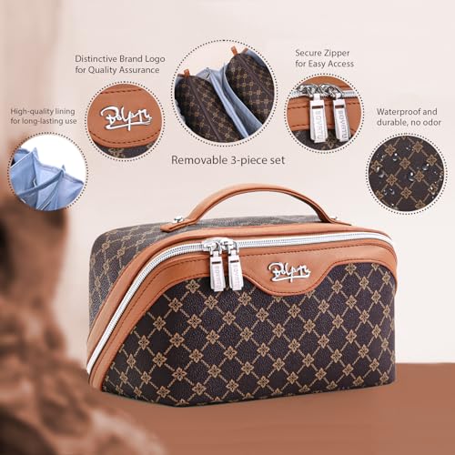 BOYATU Travel Makeup Bag Cosmetic Bags for Women: 3 Pcs Set Large Portable Make up Bag with Handle - Vegan Leather Toiletry Bags with Compartments - Makeup Organizer for Travel Essentials(A-1-Coffee) - color: A-1-Coffee