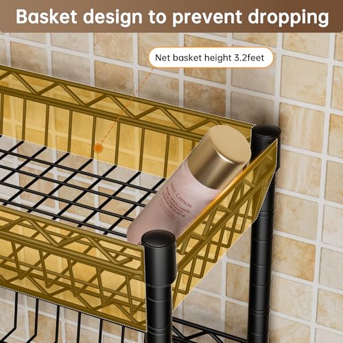Golpart 3-Tier Over-The-Toilet Storage Shelf,Heavy-Duty Adjustable Bathroom Rack with 2 Mesh Baskets,Toilet Paper Holder & Hooks,Space-Saving Organizer for Bathroom,10”D x 24”W x 66”H,Black - size: Black with Baskets-10"D x 24"W x 66"H
