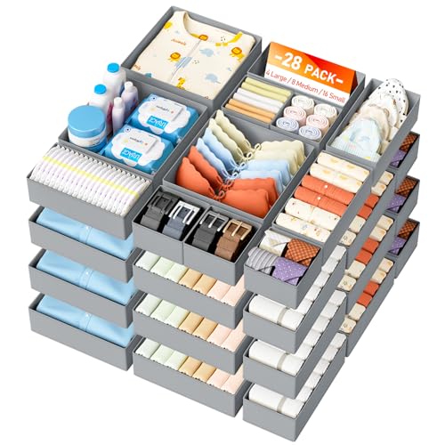 DIMJ Drawer Organizer Clothes Storage - 28 Pack Baby Dresser Organizer for Nursery, Foldable Closet Drawer Organizer Bins for Bedroom Organization, Fabric Storage Dividers for Socks, Underwears, Bras - color: Gray, size: 28 Pack
