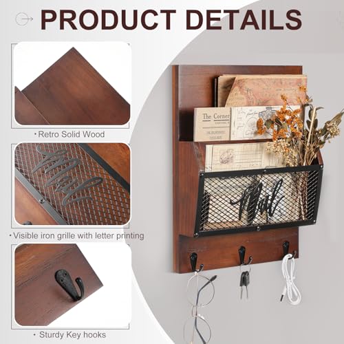 Yalikop Farmhouse Mail Organizer Wall Mounted Rustic Mail Holder Hanging Key Sorter with 3 Hooks Indoor Wooden Wall Mounted, Letter, Magazines, Newspapers, Keys (Classics,Dark Brown) - color: Dark Brown