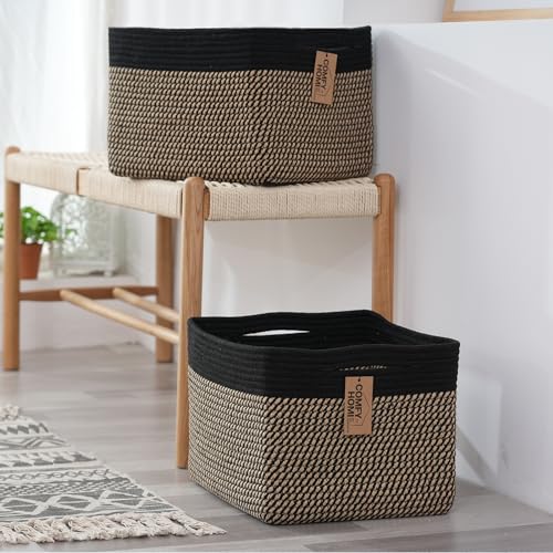 COMFY-HOMI Cotton Rope Woven Basket with Handles for Shelves,Toys,Book, Cloth Storage Baskets Bin for Organizing-13.5"x11"x9.5" Toy Decorative Organizer for Living Room, Bathroom-Black/Jute - color: squ-black/camel, size: 13.5"X11"X9.5"