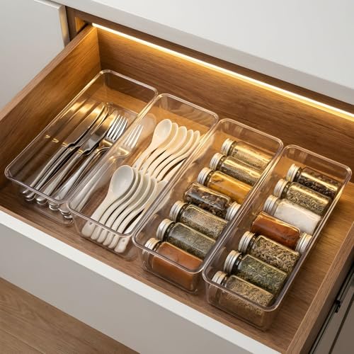 Hudgan 4 Packs Refrigerator Organizers and Storage, 4 Small Stackable Clear Plastic Bins for Pantry Organizer, Home Edit, Kitchen Cabinet, Fridge, Bathroom, Office, Drawer - size: 4S