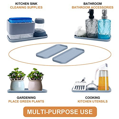 Silicone Organizer Tray, Soap and Sponge Holder for Kitchen Sink, Bathroom - Storage Tray for Dish Brush, Soap Dispenser, Dishwashing Accessories- 2 Pack (Gray) - color: Gray, size: 9.2 x 3.6 x 0.5 inches