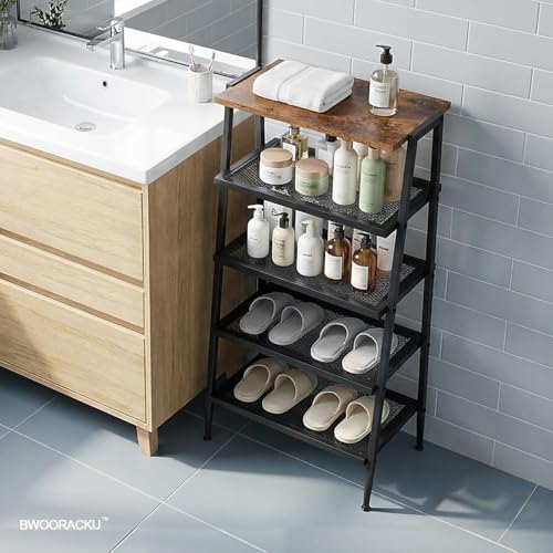 A-Shape Shoe Rack, 5-Tier Heavy-Duty Shoe Organizer with Wooden Top & Mesh Shelves, Space-Saving for Entryway, Bedroom, Hallway(31.97" H, Holds 10 Pairs, Rustic Brown) - size: 17.32" X 10.24" X 31.97"