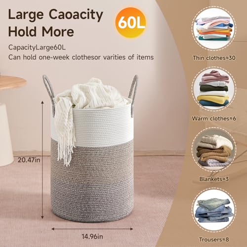 CLHMILY&Z 60L Laundry Basket Round Storage Rope Basket - 15x20.5 Inches - Laundry Hamper in Bedreoom and Mutil Storage Bin for Blankets, Toys, and Nursery Essentials - color: Brown & White, size: 60L