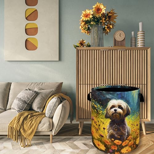 Watercolor Yorkie Laundry Basket Foldable With Handles Cute Dog Flowers Tote Bag Oxford Cloth Animal Dogs Laundry Hamper Clothes Toy Storage Bucket For Bathroom/Laundry/Bedroom 18.9"x16.5 " - color: Watercolor Yorkie With Yellow Floral
