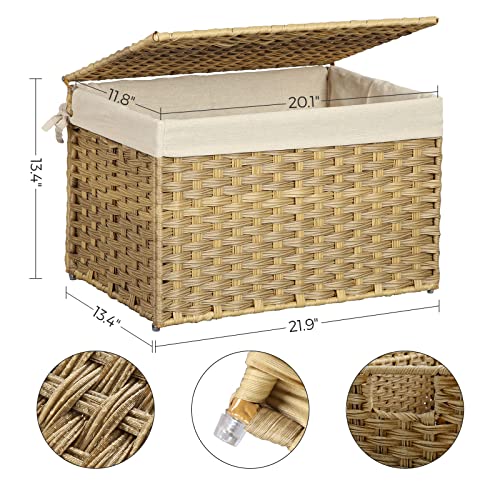 SONGMICS Storage Basket with Lid, Woven Blanket Storage Bin with Handles, Foldable, Removable Liner, Metal Frame, for Bedroom, Laundry Room, 17.2 Gallons (65 L), Natural URST56NL - color: Natural, size: 65 L