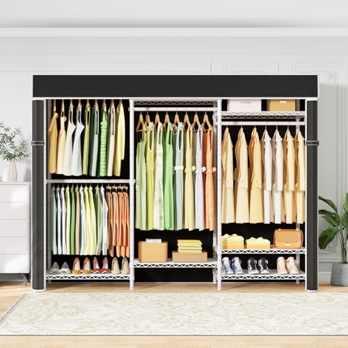 Ulif E13C Heavy Duty Closet Organizer System，Freestanding Clothing Racks for Hanging Clothes，Adjustable Garment Rack 63" W x 16" D x 77" H Hold 960 lbs，White Clothing Rack with Black Dustproof Cover - color: White Rack with Black Cover, size: E13C
