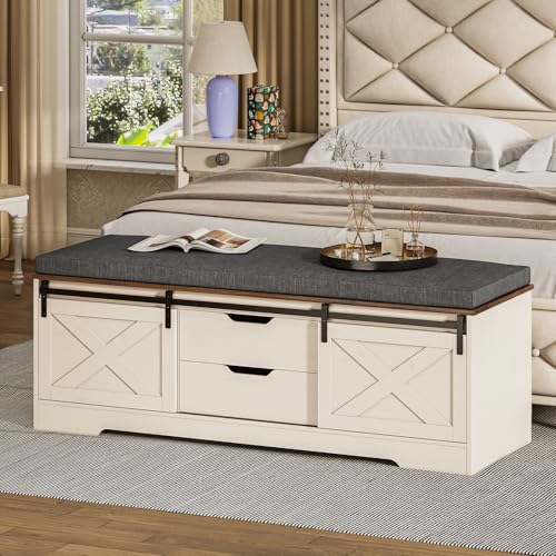 UPOSOJA 60“ Farmhouse Storage Bench with Cushion, Shoe Rack with Slide Barn Doors, Adjustable Shelf and 2 Drawer for Entry, Bedroom, Closet, Living Room, Hallway (White Brown, 60 in)