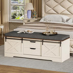 UPOSOJA 60“ Farmhouse Storage Bench with Cushion, Shoe Rack with Slide Barn Doors, Adjustable Shelf and 2 Drawer for Entry, Bedroom, Closet, Living Room, Hallway (White Brown, 60 in)
