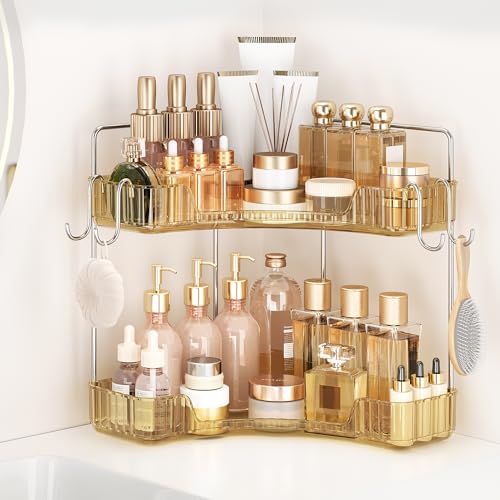Golden Corner Counter Organizer, 2 - Tier Bathroom & Kitchen Storage Tray with Hooks | PET Vanity Organizer for Skincare, Makeup & Jewelry - color: Gold, size: 2 Tier