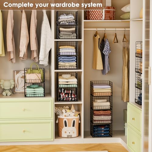 Stackable Closet Organizers and Storage Baskets, 4-Tier Closet Shelf Organizer , Space-Saving Clothes Storage Drawer, Foldable Clothes Storage Bins for Closet Organizer System, Black(Patent 30022416) - color: Black, size: 4-Tier