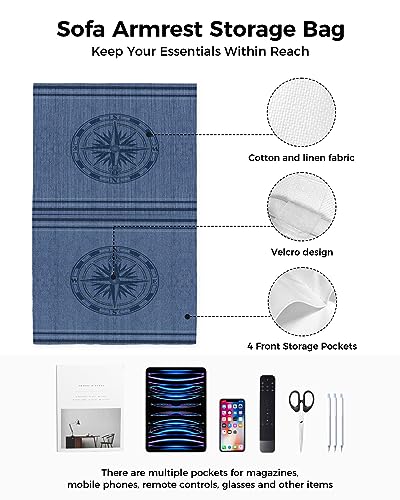 Sofa Armrest Organizer Bedside Caddy, Nautical Compass Non Slip Couch Remote Control Holder for Recliner, Navy Blue Striped Coastal Compass Arm Chair Caddy with Pocket for Magazine, Phone, 19.7"x35" - size: 19.7x35 in