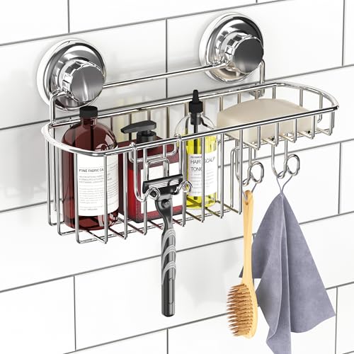 HASKO Suction Cup Shower Caddy Basket for Shampoo, Shower Suction Shelf Organizer, Basket with Soap Holder and Hooks, Stainless Steel Shampoo Holder for Bathroom Storage, Chrome - color: Chrome