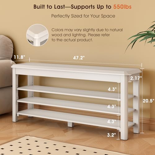 IUNVR Shoe Rack Bench Seat Rubberwood 3-Tier Wooden Storage Bench 550lbs Compact Mid-Century Modern Design for Entryway, Hallway, Closet, Front Door Entrance, Foyer - color: White-3 Tier(wood), size: 47.2"W x 11.8"D x 20.5"H