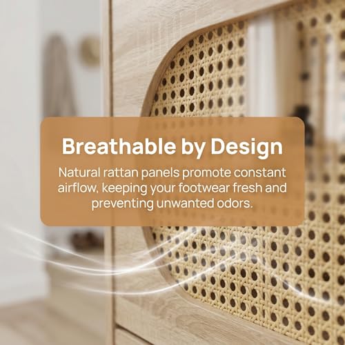 SUNCROWN 2 Flip Drawers Shoe Storage Cabinet, Freestanding Narrow Entryway Organizer, Natural Semi-Circular Rattan Doors, Adjustable Shelves & Anti-Tip Kit, Brown - color: Brown, size: Style A