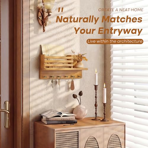 Rebee Vision Farmhouse Pine Wood Key Holder Wall Mount - Rustic Key Holder for Wall with Storage Shelf & 6 Hooks - Mail Holder for Kicthen, Living Room, Bedroom (Yellow) - color: Yellow