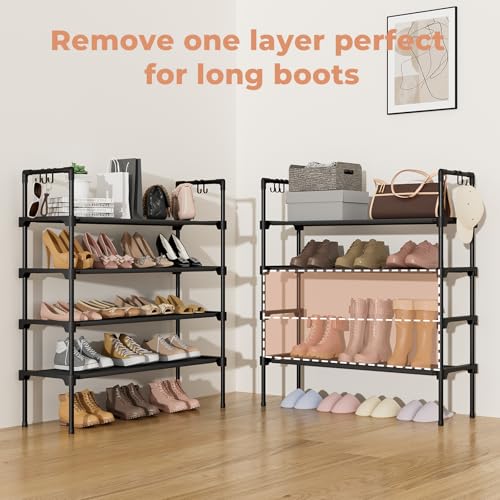 LANTEFUL 4 Tier Shoe Rack for Closet Shoe Organizer with 5 Hooks, Long Shoe Shelf Storage for Shoe and Boot Stackable Free Standing Shoe Rack for Entryway, Garage, Small Spaces, Dorm, Black - color: Black, size: 27.8"W - 4 Tier