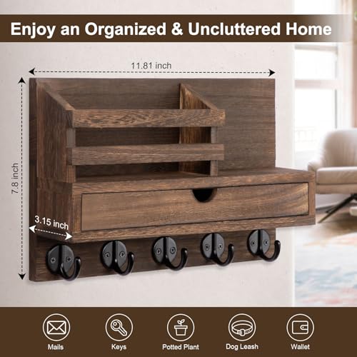 Key Holder Wall Mount, Mail Holder with Storage Drawer and 5 Key Hooks for Coat, Dog Leash, Home Decor Rack, House Accessories, Entry Way Organizer - color: Brown, size: Standard - 11.8 Inch