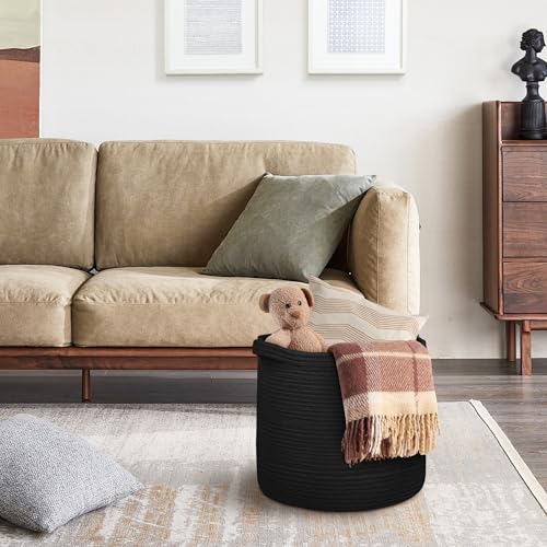 MEGASKET Large Black Storage Basket, 16" x 14" Cotton Rope Baskets for Storage, Blanket Storage Living Room, Big Woven Laundry Basket, Dog Kids Toy Box Organizer, Round Floor Shoe Towel Bin - color: Black