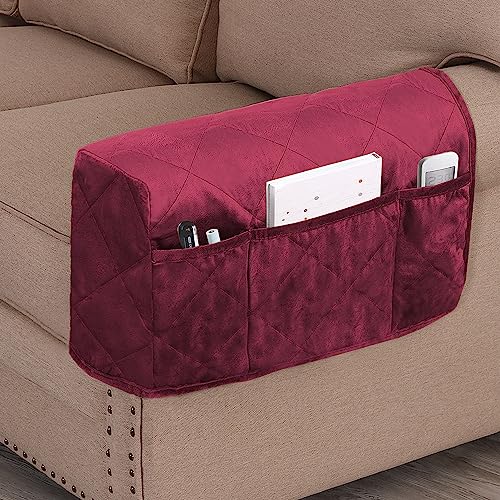 Non-Slip Sofa Armrest Protector,Thick Velvet Armrest Covers for Chairs and Sofas Couch with Side Pocket,Armrest Storage Organizer,Washable Arm Covers for Dogs，Set of 2 (Burgundy) - color: Burgundy
