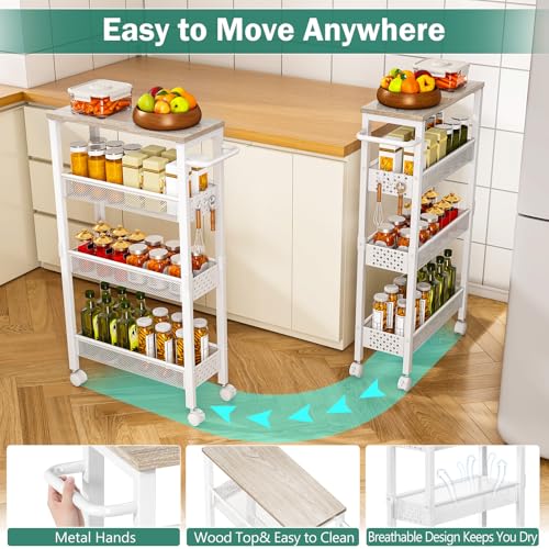 Vivihomety Utility Slim Storage Cart, 4 Tier Small Rolling Kitchen Laundry Room Cart with Wood Top, Metal Bathroom Storage Cabinet Mobile Shelf Unit Organizer Trolley with Handle for Narrow Space - color: White, size: 7.1 inch wide