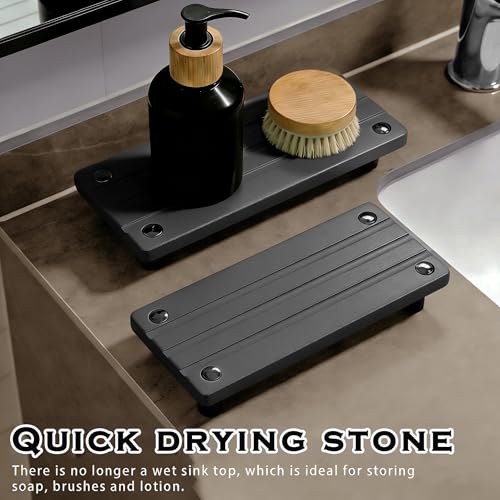 2PCS Instant Dry Sink Caddy for Bathroom Counter, Durable Kitchen Sink Organizer, Diatomite Stone Drying Tray, Upgrade Water Absorbing Stone Tray for Sink, Anti-Slip Stone Soap Tray -Dark Gray - color: 2pcs Dark Gray Metal Foot 3stripes