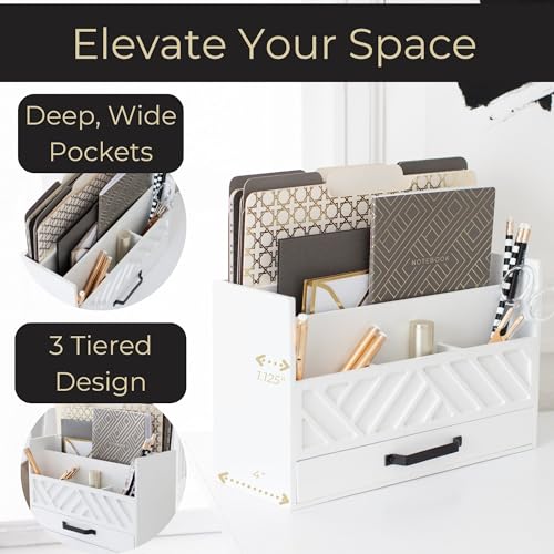 BLU MONACO | Wooden Mail Organizer with Drawer | Mail Organizer Wood Desktop Storage | Tabletop Organizer with Drawers White Farmhouse Desk Sorter - color: White