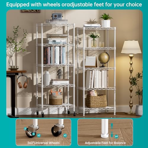 SINGAYE 6 Small Shelf Storage Wire Shelves Closet Bathroom Organizers Metal Pantry Kitchen Garage Shelving Unit Laundry Room Organization Home Narrow Rack Net Basket with Wheels White - color: White, size: 5Tier/11.5"D X 17.5"W X 57"H