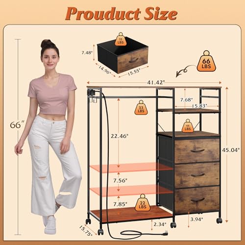 WLIVE Dresser with Hanging Rack for Bedroom, 3 Drawer Dresser with LED Lights & Charging Station, Fabric Dressers & Chest of Drawers, Storage Organizer with Open Shelves for Living Room, Brown - color: Rustic Brown Wood Grain Print
