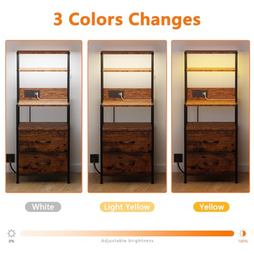 Furnulem Night Stand, Tall Nightstand with 4-Tier Shelves, 2 Fabric Drawers and LED Lights, Bed Side Tables with Charging Station, Bedside Table for Bedroom, Office, Rustic Brown - color: Rustic Brown, size: 2 Drawer