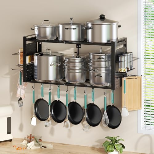 31 Inch Pot Rack Wall Mounted, 2-Tier Pots and Pans Organizer with 20 Hooks & Pan Organizer and Spice Rack, Heavy Duty Hanging Pot Hanger for Kitchen Cookware, Utensils, Black - style: without Pot Lid Holder