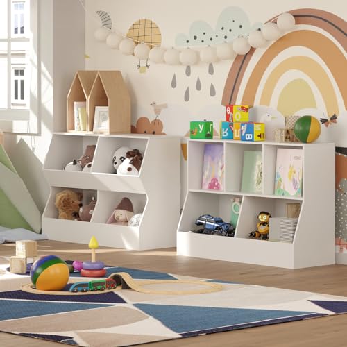 DINZI LVJ Toy Storage Organizer, Kids Bookshelf, Wood Toy Storage Cabinet, 5 Cubby 2-Tier Children Bookcase, 39.4" L Toddler Book Shelf for Playroom, Living Room, Nursery, Hallway, School, White - color: White, size: 2-Tier 39.4"