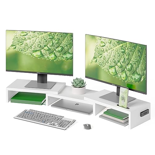 BONTEC Dual Monitor Stand Riser with Smartphone Holder, Adjustable Length & Swivel Angle, Ergonomic Wooden Desktop Organizer for PC Monitor, Laptop, Printer, Large Storage, White - color: White