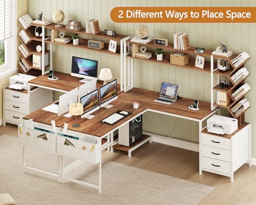 YOMILUVE L Shaped Desk with Hutch, Reversible Computer Desk with Drawers and Bookshelf, Home Office Desks with Storage Shelves for Bedroom Home Office, Brown and White - color: Brown and White