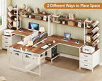 YOMILUVE L Shaped Desk with Hutch, Reversible Computer Desk with Drawers and Bookshelf, Home Office Desks with Storage Shelves for Bedroom Home Office, Brown and White - color: Brown and White