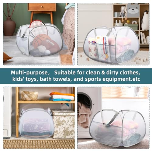 2 Pack Collapsible Laundry Baskets, 90L Large Foldable Laundry Basket, Durable Mesh Pop Up Hampers for Laundry, Dirty Clothes Laundry Hamper for Bedroom, Bathroom, Dorm, Laundry Room, Travel Grey - color: 2xGray
