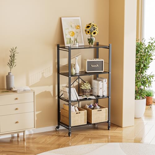 Folding Storage Shelves, 4-Tier Metal Foldable Shelf Shelving Rack Organizer On Rolling Wheels in Kitchen Warehouse Patio Pantry Garage Collapsible Shelves No Assembly (Black, 4-Layer) - color: Black/4-tier