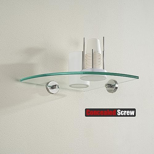 JQK Corner Glass Shelf, Brushed Steel Bathroom 304 Stainless Steel Shower Triangle Floating Wall Shelf, 10 x 10 Tempered Glass, 2 Pack, TGS190L10-BN-P2 - color: Brushed, size: 2 Pack