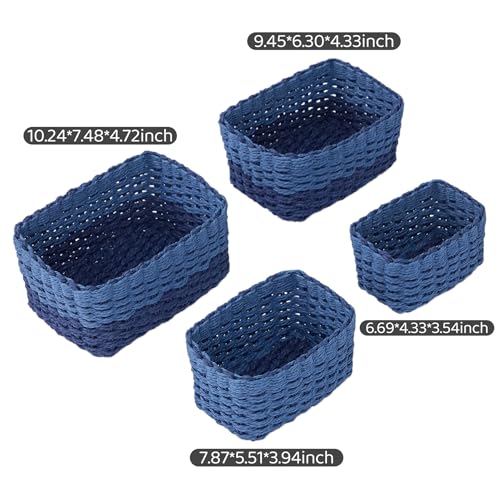 4PCS Woven Storage Baskets Set, Small Baskets for Organizing, Square Handwoven Paper Rope Organizer Bins for Shelves and Home Storage (Blue) - color: Blue