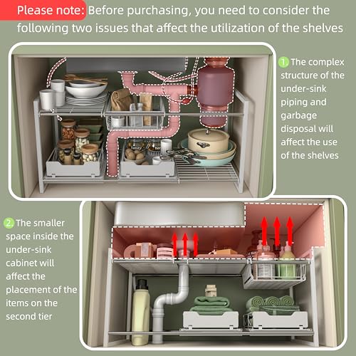 NETEL Under Sink Organizers and Storage,Kitchen Cabinet Organizer,2 Tier Under Sink Expandable Shelves，Bathroom Cabinet Organizer with Pull Out Drawers,(30.9-31.64)" W x 14.69" D x 15.83" H,White - size: Multi-functional with 2 pull out baskets(White)