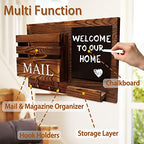 Key and Mail Holder for Wall with 2 Double Key Hooks with Black Board Floating Shelf Rustic Wood Decorative Hanger for Entryway, Storage, Living Room, Hallway, Kitchen (Dark Brown)