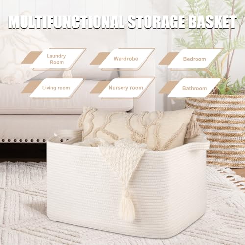 65L Cotton Rope Large Blanket Basket (19.7"x15.7"x11.8") for Living Room, Kids Room & Laundry, Storage Basket with Handle for Organizing Blankets, Pillows, Clothes & Toys, White - color: White, size: 19.7"x15.7"x11.8"