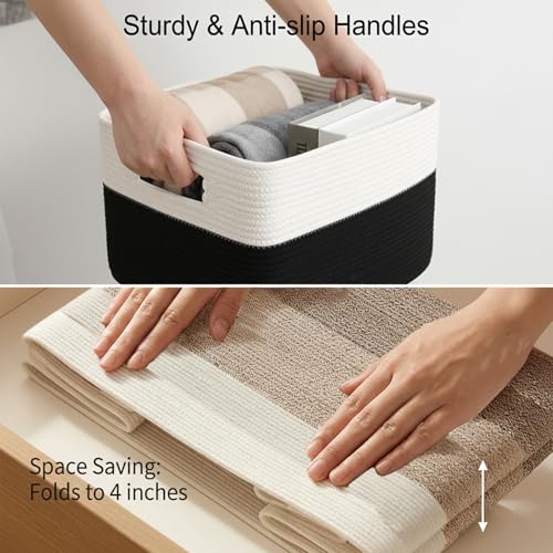 JMvicyroam Woven Blanket Basket,96L Large Storage Bin for Blankets Toys Clothes,Decorative Rope Basket for Living Room Bedroom with Handles, White&Black - color: White&Black, size: 96L