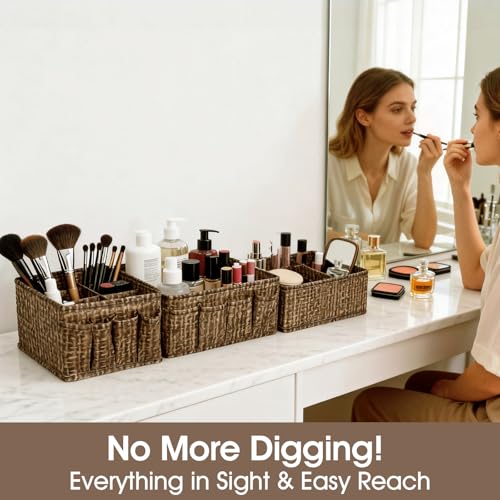 VERONLY Cosmetic Storage Bins Makeup Organizer, Adjustable Multifunction Storage Box Desk Drawer Divider for Makeup Brushes, Bathroom Countertop or Dresser, Set of 4 - style: Brown 4PC