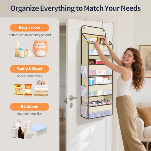 Yecaye Over The Door Organizer, Heavy Duty Hanging Organizers and Storage with 4 Large Capacity Pockets, Swing-Proof Behind The Door Storage for Bathroom Nursery Bedroom Dorm Closet, Beige,1Pc - color: Beige, size: 4 Tier