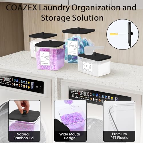 COAZEX 4 Pack Clear Laundry Pods Container & Dryer Sheet Holder, Plastic Square Laundry Room Organization and Storage Jars with Lids, Scoops & Labels for Detergent, Powder, Dryer Balls (Black Lid) - color: A-2+1+1 Pack(Black Lid)