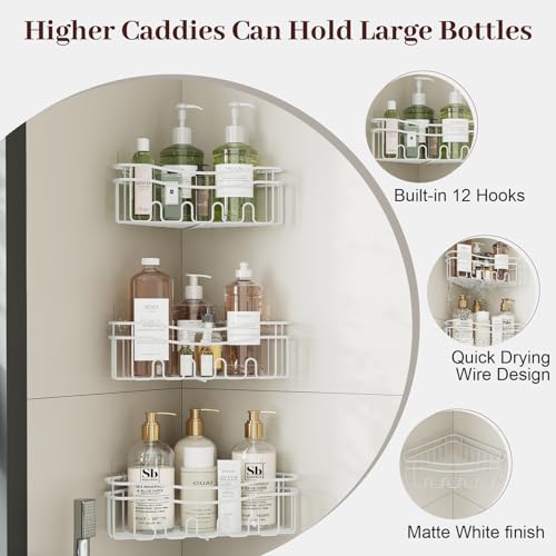 White Shower Caddy Corner, 3-Pack Adhesive Shower Shelves for Inside Shower, Rustproof Bathroom Organizer Corner with Built-in Hooks, No Drilling Bathroom Storage for Bath Accessories - color: WHITE