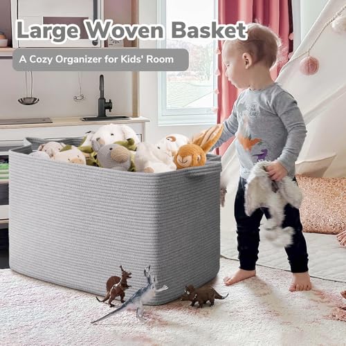 Goodpick 105L Extra Large Blanket Basket 25" x 16" x 16" Cotton Rope Storage Bins for Dirty Clothes, Rectangle Woven Laundry Basket for Living Room Bedroom, Toy Storage Baskets for Kids, Gray - color: Grey, size: XX-Large(25"L x 16"W x 16"H)